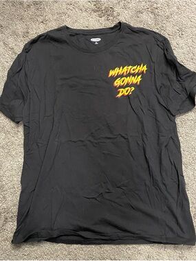 Old Navy Black Short-Sleeve Tee with Yellow and Red Script Chest Graphic